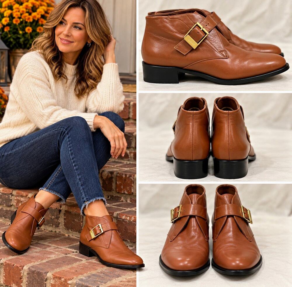 Vintage Etienne Aigner Lara Leather Monk Strap Ankle Boots Tan 7M